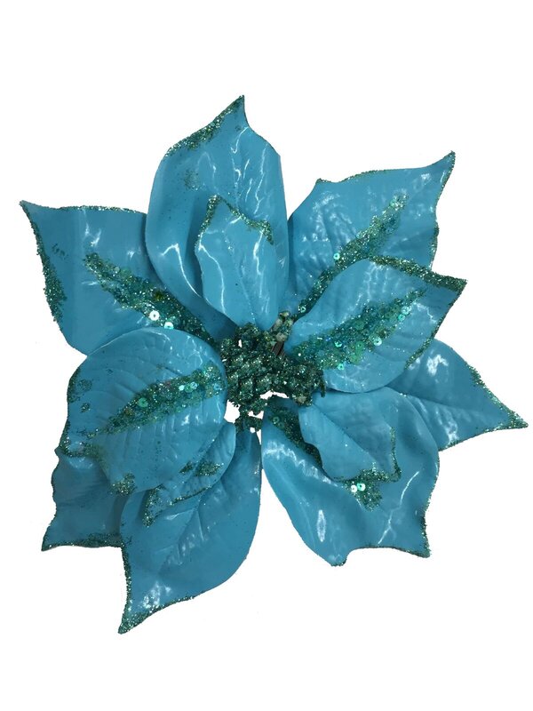 Turquoise With Sequins Poinsettia Decorative Christmas Flower Pick - 28cm
