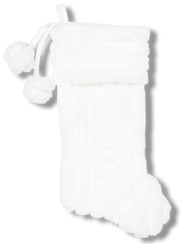 White Faux Fur Ribbed Stocking With Pom Poms | 48cm