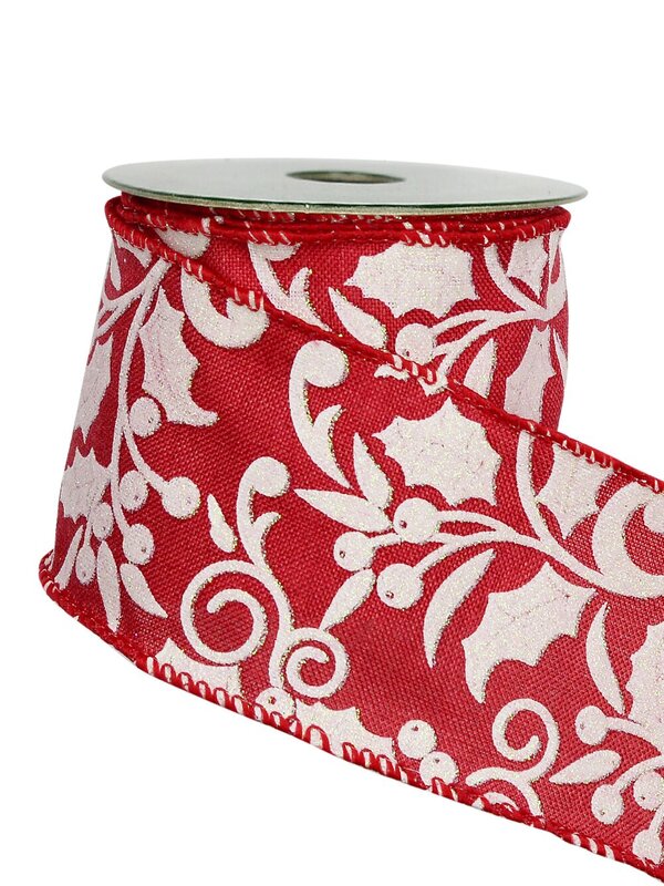 White Holly Leaf & Berry Pattern On Red Ribbon - 3m
