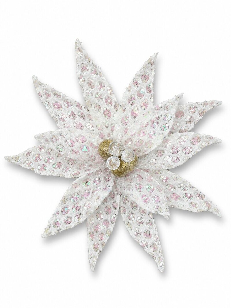 White Honeycomb Mesh & Sequin Poinsettia Christmas Tree Clip Pick | 30cm