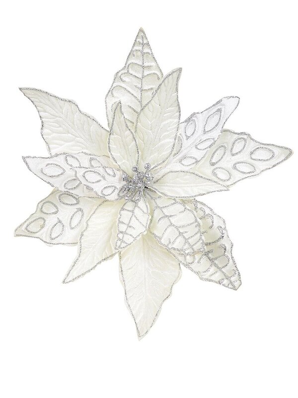 White & Silver Trim Poinsettia Pick With Clip - 29cm