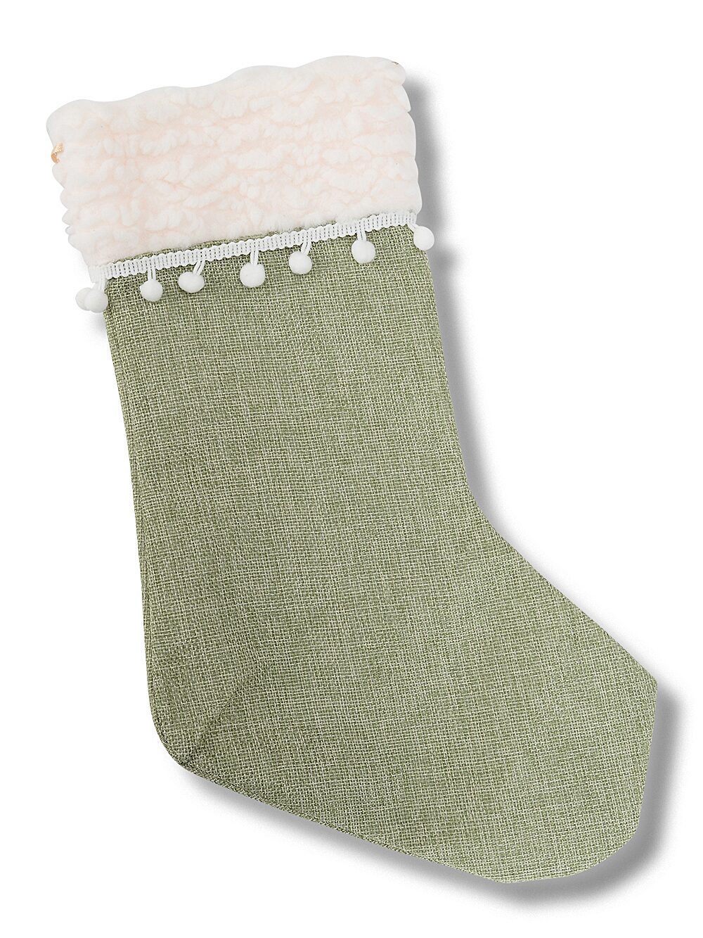 Sage Green Hessian Style Stocking With Sherpa Cuff & Pom Poms | 45cm