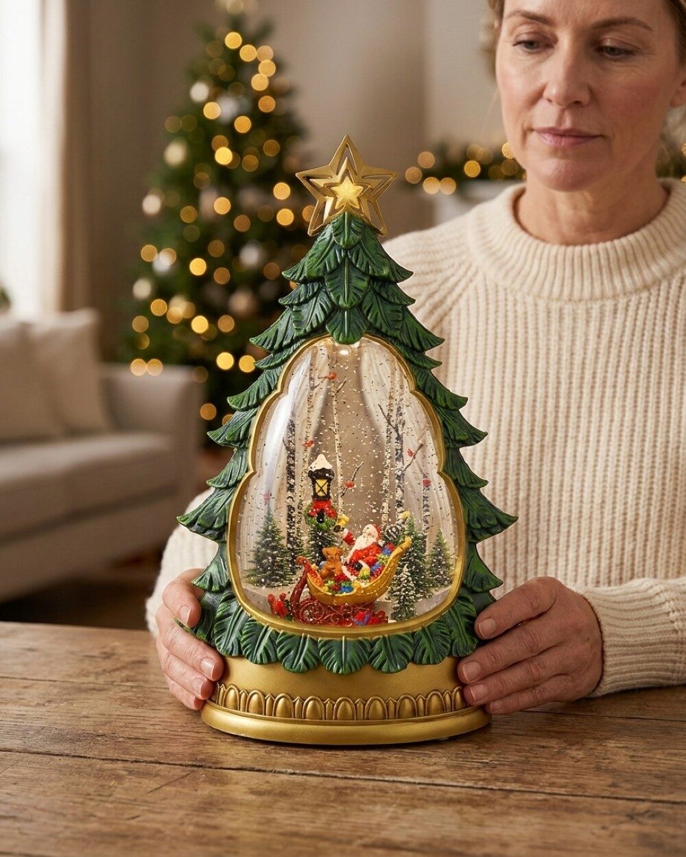 Santa In Sleigh Tree Shaped Large LED Christmas Snow Globe Lantern | 31cm — image 3