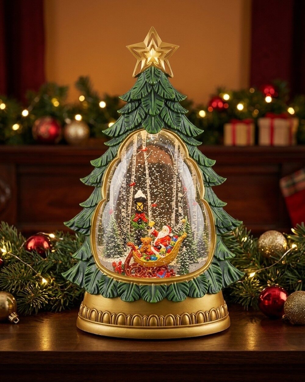 Santa In Sleigh Tree Shaped Large LED Christmas Snow Globe Lantern | 31cm — image 2