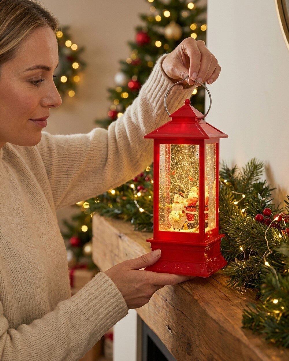 Santa & Snowman Large LED Christmas Snow Globe Lantern | 28cm — image 3