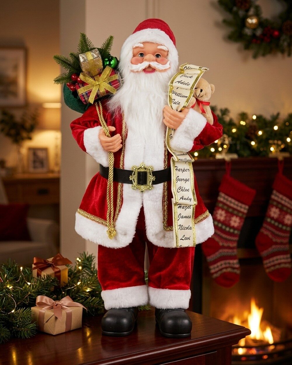 Traditional Velvet Santa Claus With Nice List Figurine | 60cm — image 2