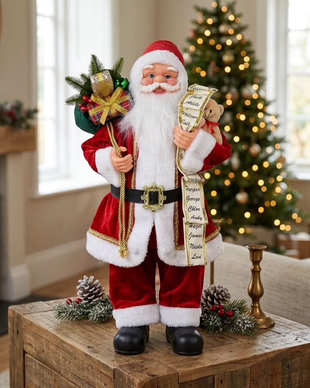 Traditional Velvet Santa Claus With Nice List Figurine | 60cm — image 4