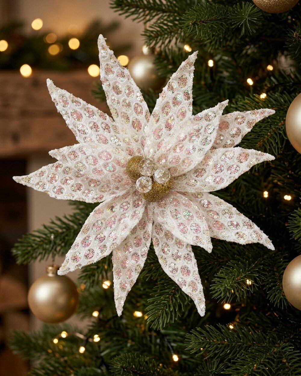 White Honeycomb Mesh & Sequin Poinsettia Christmas Tree Clip Pick | 30cm — image 2