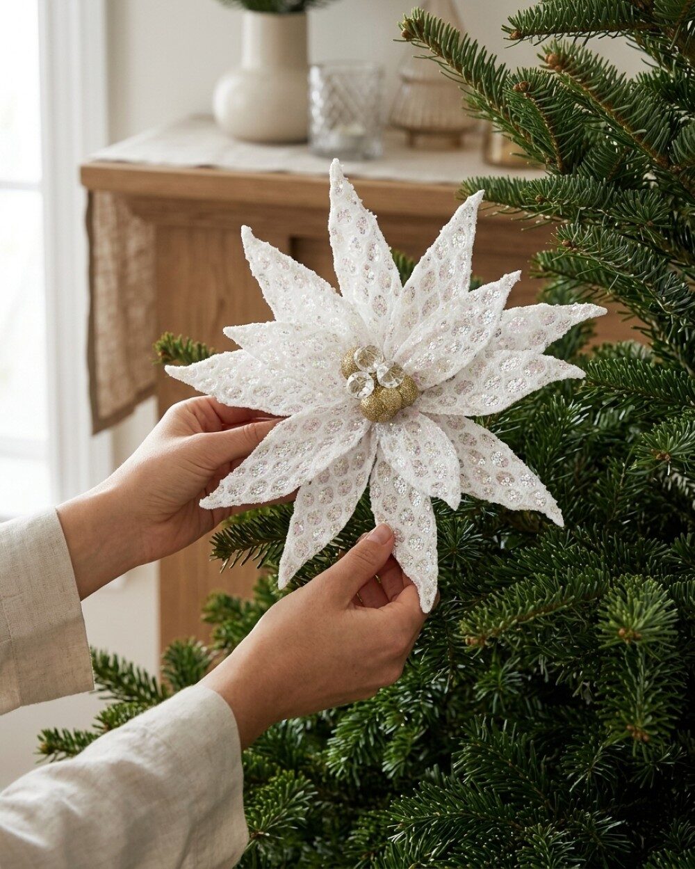 White Honeycomb Mesh & Sequin Poinsettia Christmas Tree Clip Pick | 30cm — image 4