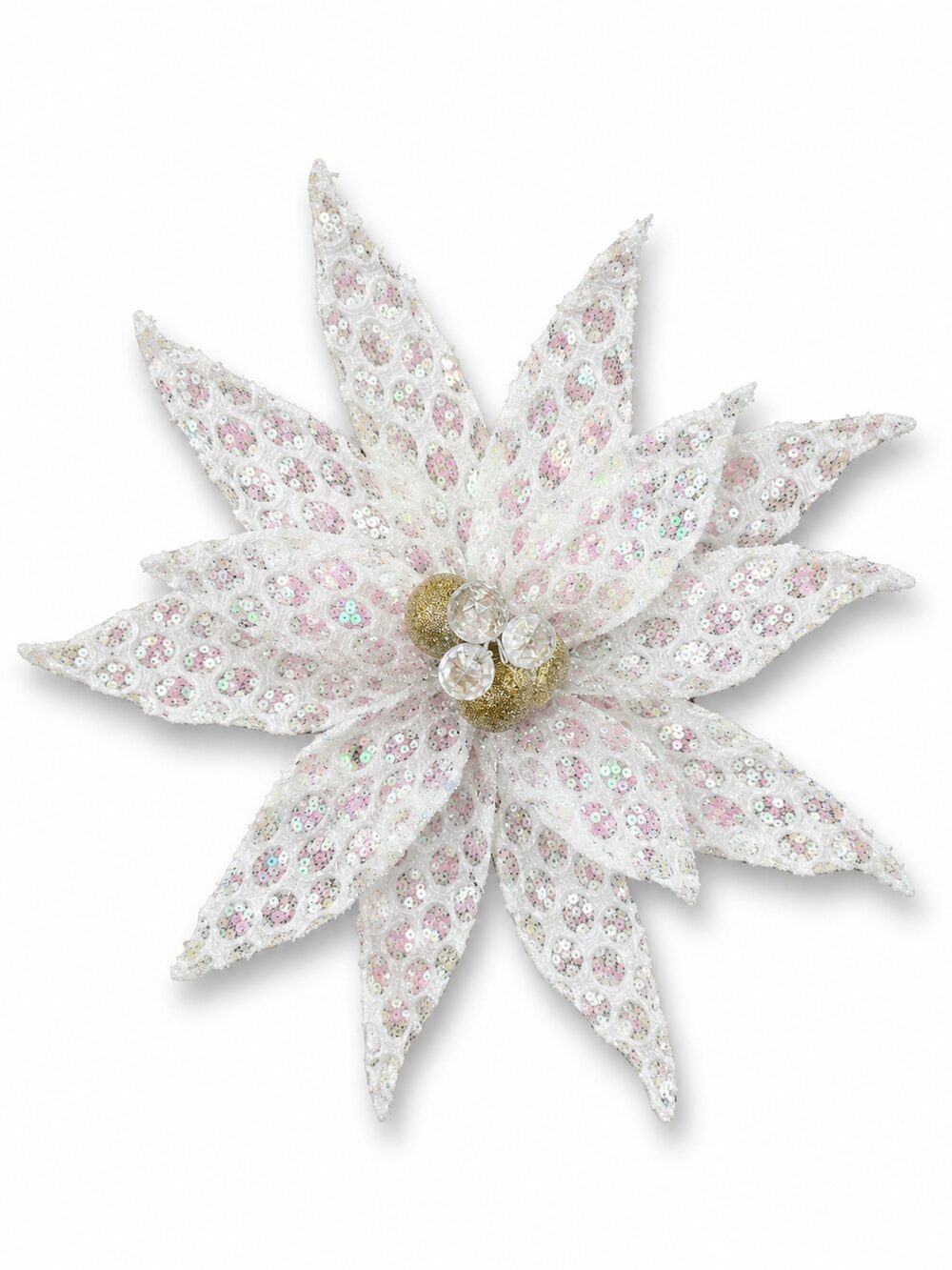 White Honeycomb Mesh & Sequin Poinsettia Christmas Tree Clip Pick | 30cm