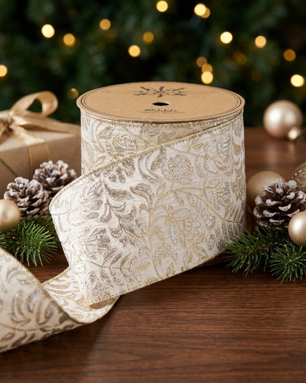 Wired Ivory Brocade Ribbon Champagne & Silver Botanical Pattern | 10m x 10cm — image 2